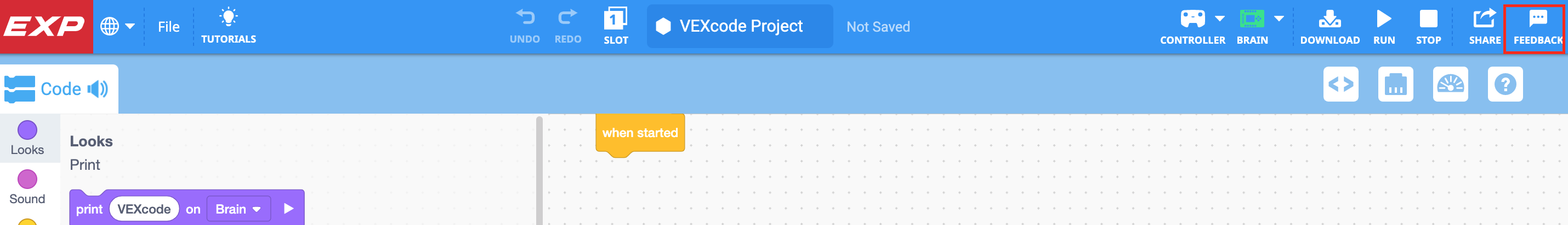 „VEXcode EXP“ įrankių juosta su paryškinta atsiliepimų piktograma dešinėje nuo bendrinimo piktogramos.