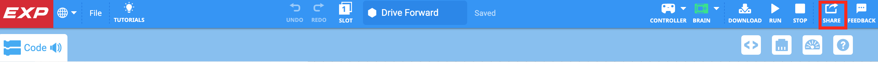 Barra de ferramentas VEXcode EXP com o ícone Partilhar destacado entre os ícones Parar e Feedback.