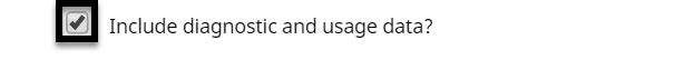 Janela de feedback do VEXcode EXP com a caixa de selecção "Incluir dados de diagnóstico e utilização" apresentada.