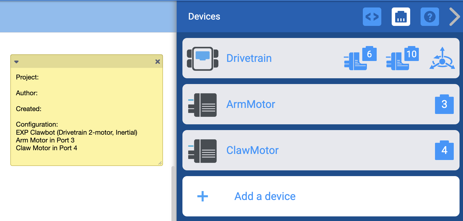 VEXcode EXP con un modello di progetto di esempio aperto, inclusi i dispositivi configurati e una nota con una descrizione del progetto. Il menu Dispositivi viene aperto lateralmente per dimostrare che i dispositivi sono preconfigurati su determinate porte.