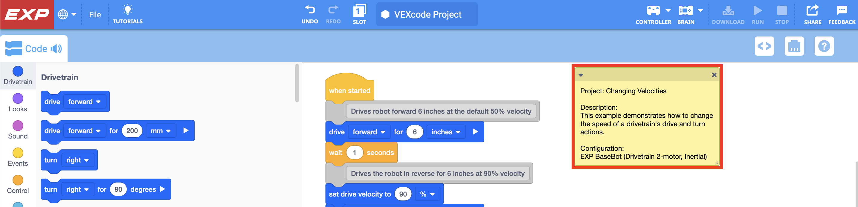 VEXcode EXP con il progetto di esempio Changing Velocities aperto e con la relativa descrizione evidenziata.
