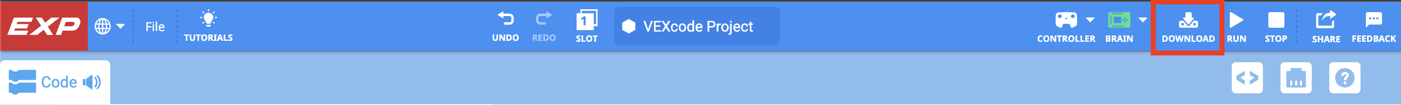 VEXcode EXP ツールバー。ブレイン アイコンと実行アイコンの間にダウンロード アイコンが強調表示されています。