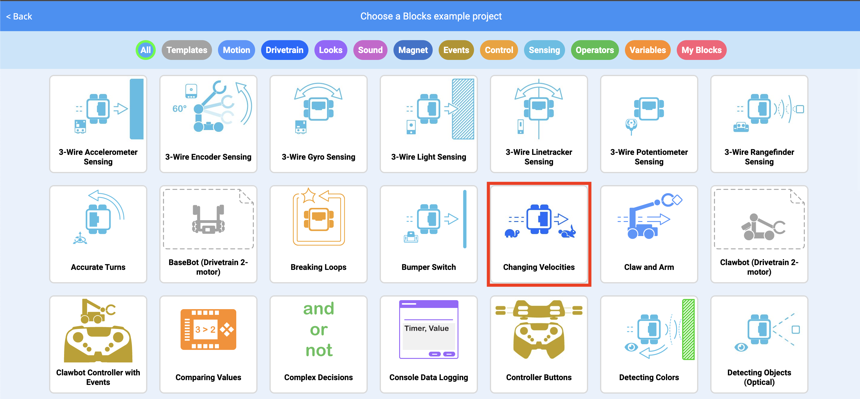 Menu Dự án mẫu với dự án mẫu Changing Velocities được tô sáng.