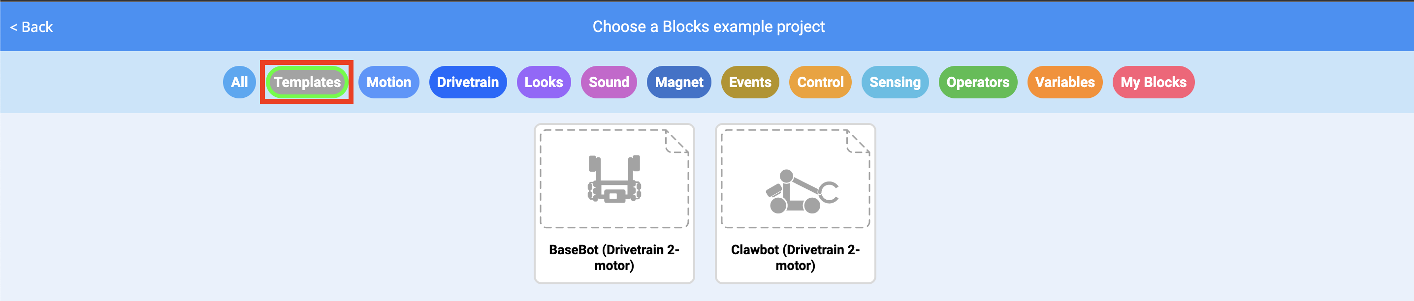 Menu de projetos de exemplo com a categoria Modelos selecionada na barra de filtros.