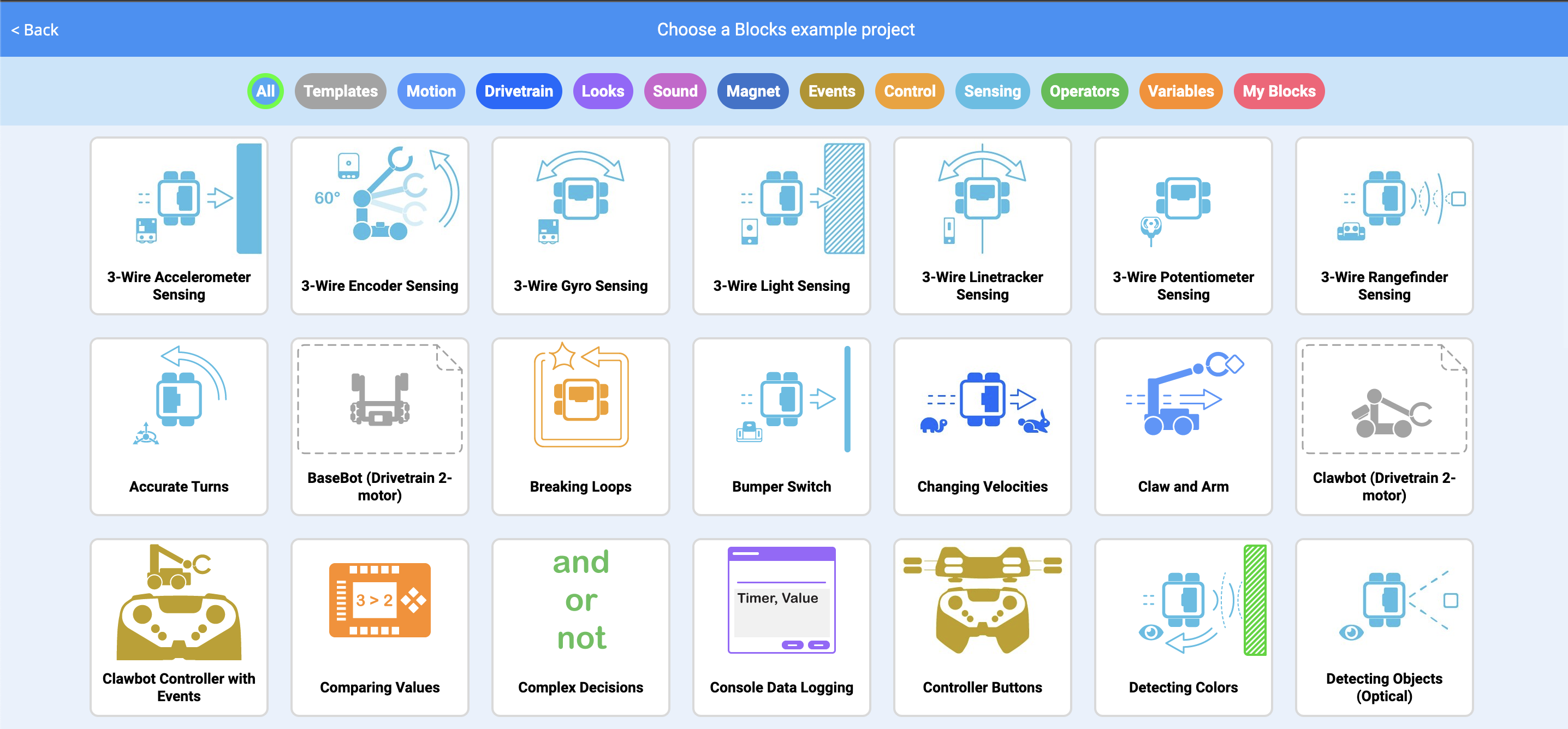 Menu de Projetos de Exemplo com uma variedade de projetos em diferentes categorias à sua escolha.