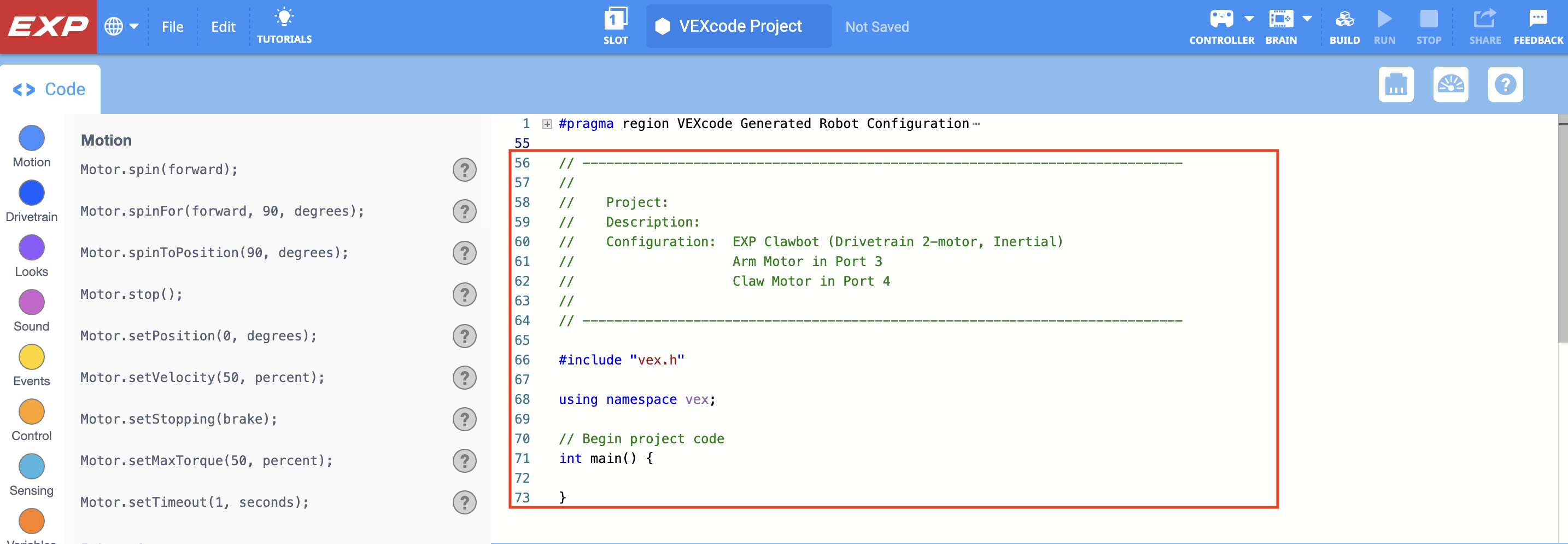 تم فتح VEXcode EXP مع قالب مشروع مثال، بما في ذلك الأجهزة التي تم تكوينها وتعليقات التعليمات البرمجية مع وصف للمشروع.