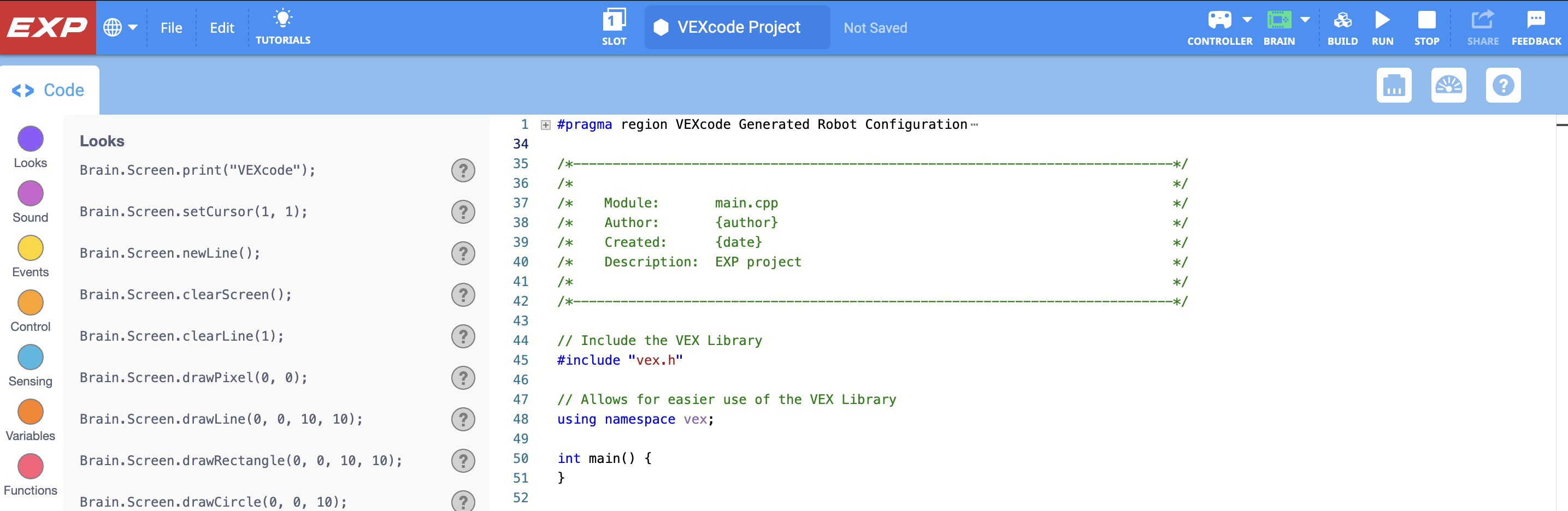 Uusi C++-projekti avattu VEXcode EXP:ssä.