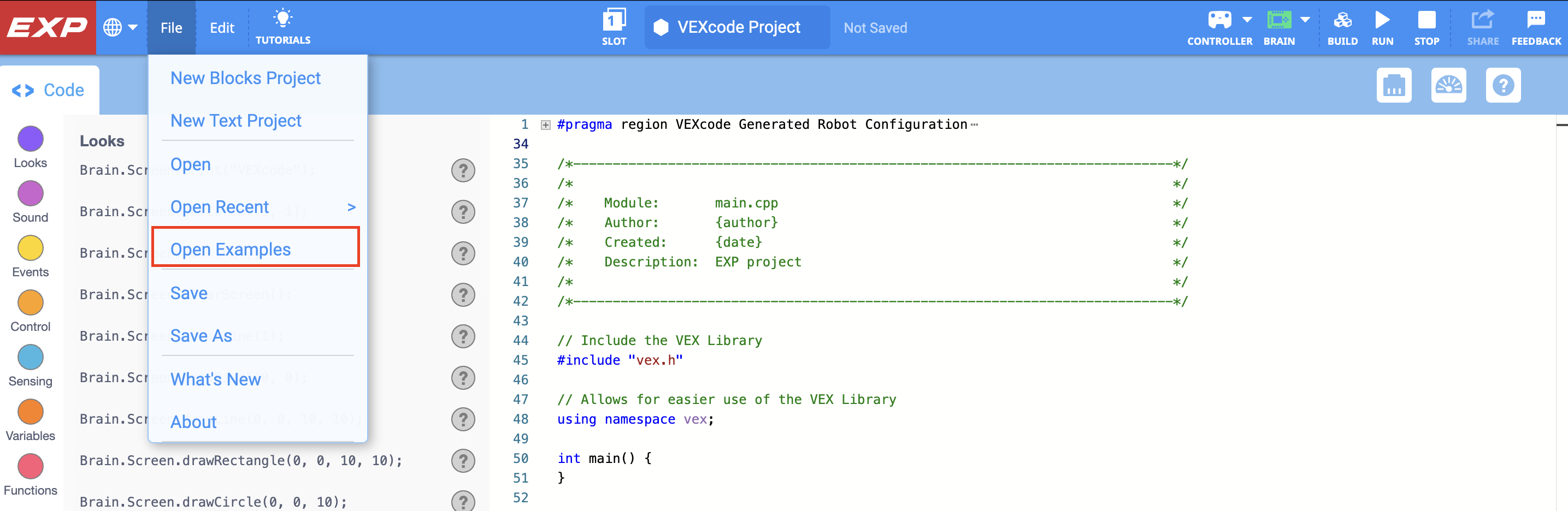 VEXcode EXP ツールバーの「ファイル」メニューが開き、「例を開く」オプションが強調表示されています。 「例を開く」は、メニューの「新しいブロック プロジェクト」、「新しいテキスト プロジェクト」、「開く」、および「最近開いたファイル」の下にある 5 番目のオプションです。
