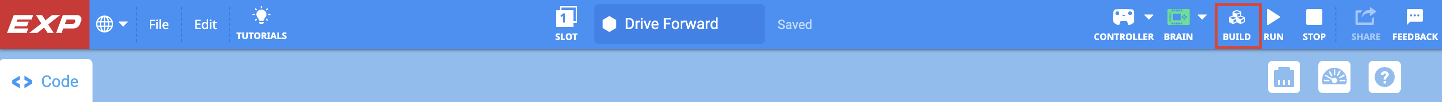 VEXcode EXP Toolbar mit dem Build-Symbol, das zwischen den Symbolen Brain und Run hervorgehoben ist.