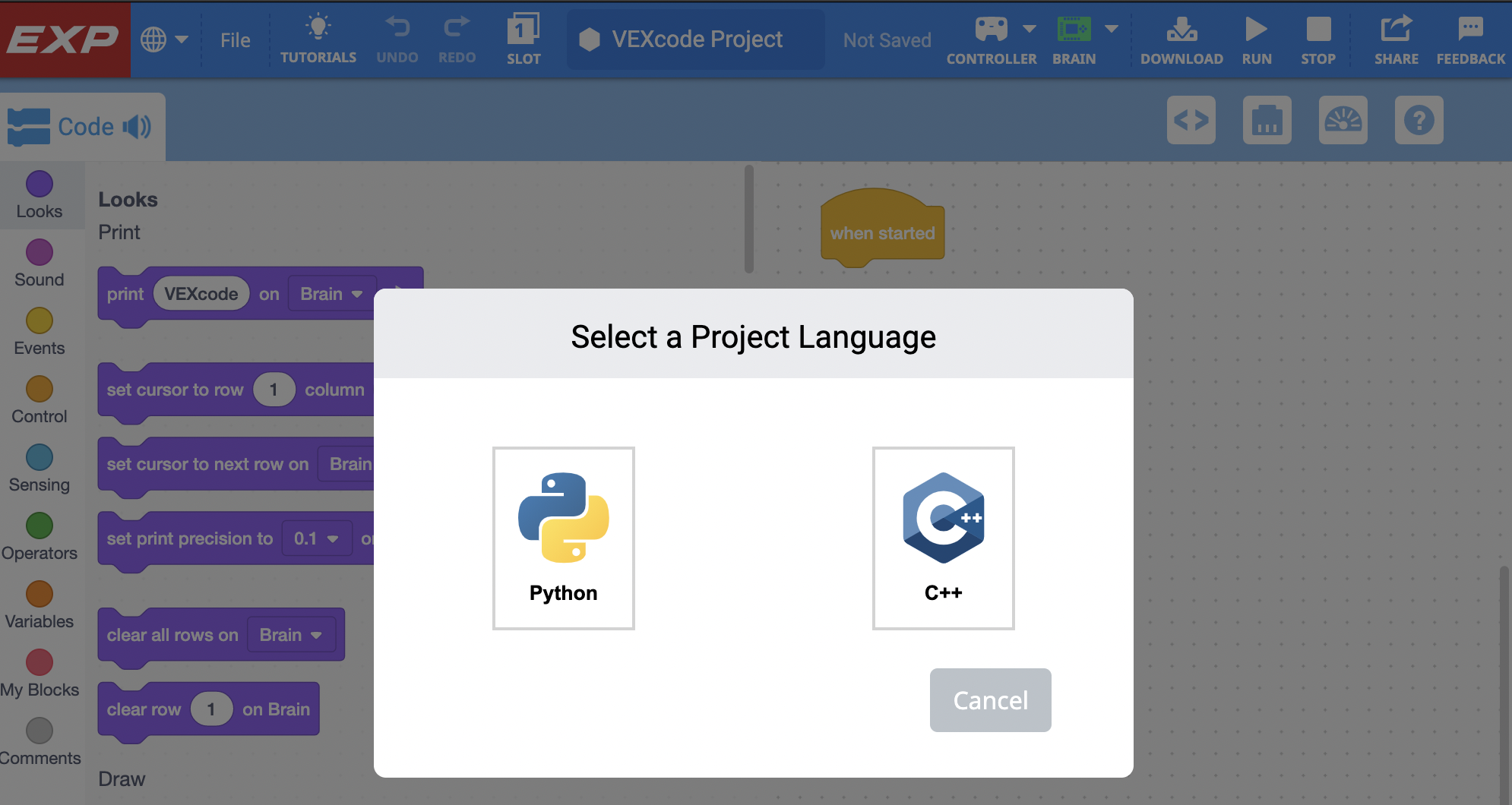 VEXcode EXP Sélectionnez une invite de langage de projet proposant les options Python ou C++. Vous pouvez sélectionner l'une ou l'autre langue pour ouvrir un nouveau projet, ou bien cliquer sur le bouton Annuler ci-dessous pour fermer le menu.