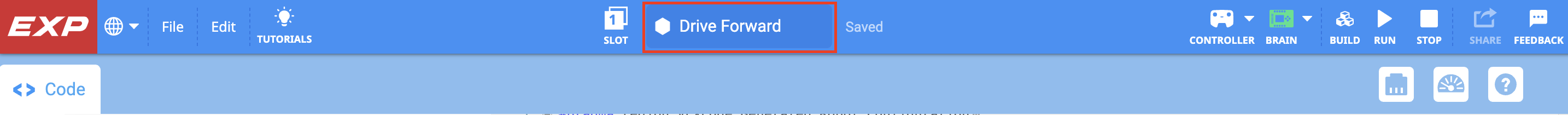 แถบเครื่องมือ VEXcode EXP พร้อมช่องชื่อโครงการที่เน้นไว้และเปลี่ยนชื่อเป็น Drive Forward ทางด้านขวาของชื่อโครงการจะมีป้ายกำกับว่า บันทึกแล้ว
