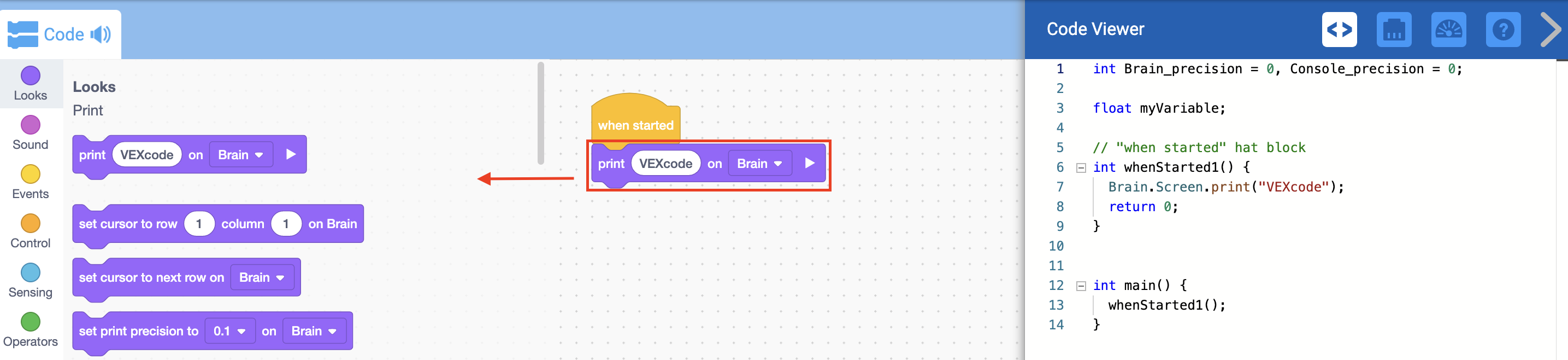 Lo stesso progetto di blocchi EXP VEXcode, ora con una freccia che indica che il blocco Stampa deve essere scartato trascinandolo nella Casella degli strumenti.