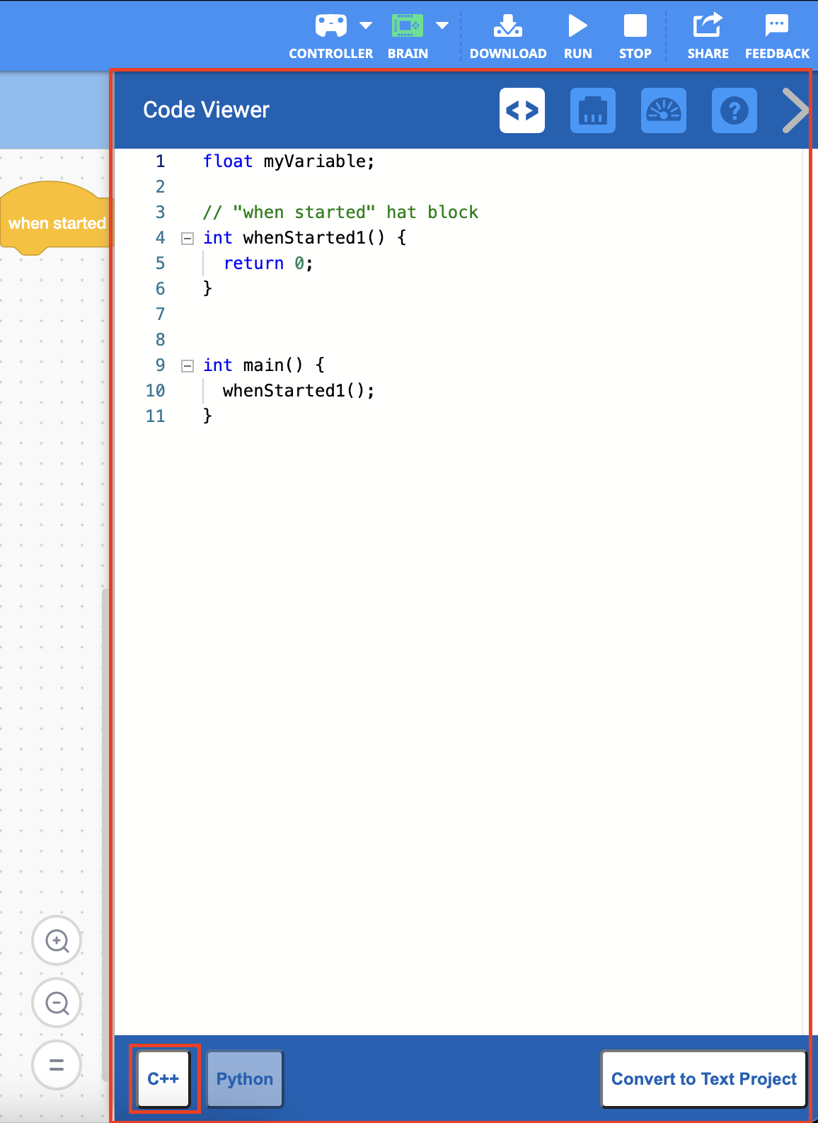 Menu przeglądarki kodu jest otwarte i pokazuje wersję C++ projektu Blocks. Poniżej zaznaczony jest przycisk C++.