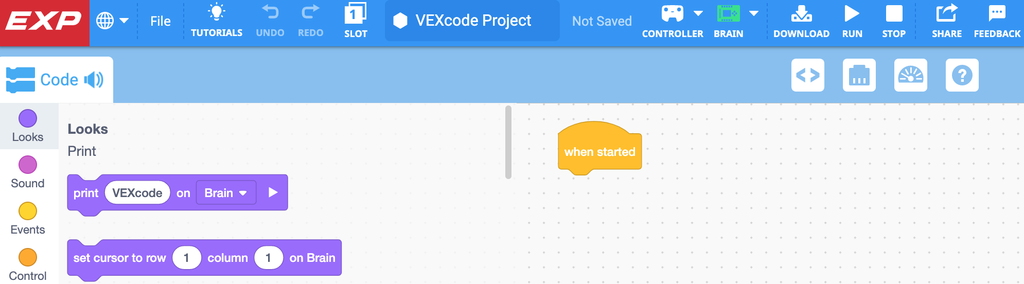 Het standaardblokkenproject wordt weergegeven in de VEXcode EXP-werkruimte.