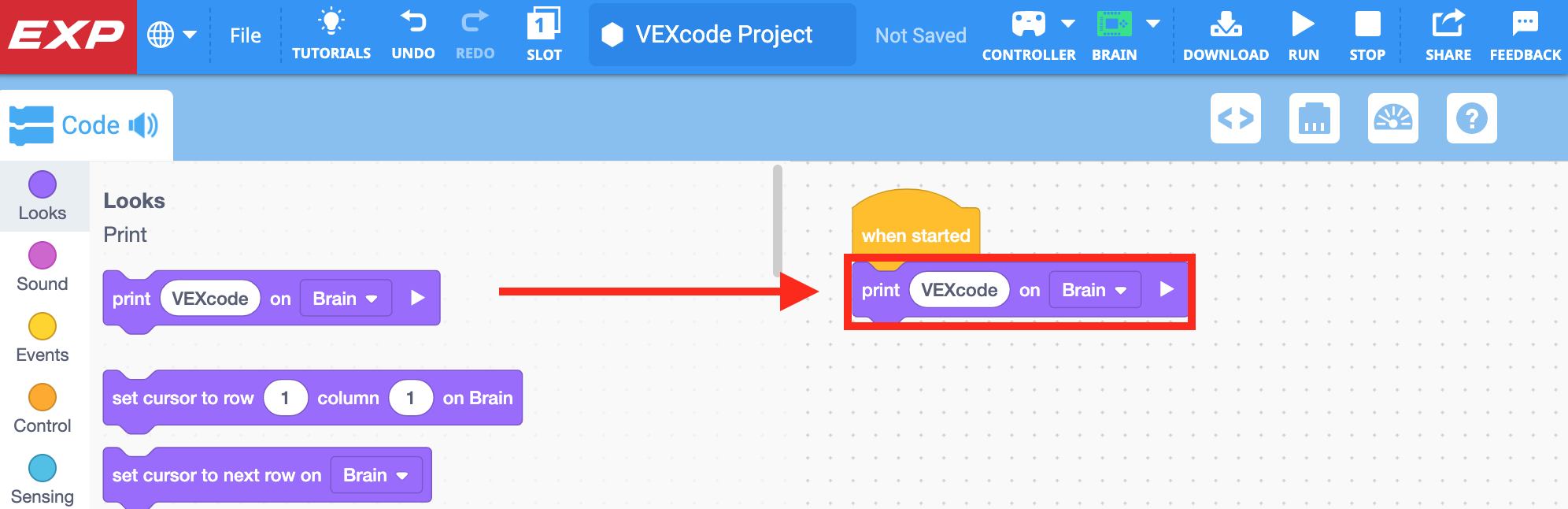 VEXcode EXP блоктары жобасы әдепкі Іске қосылған кезде блогының астына қосылған Басып шығару блогымен көрсетіледі.