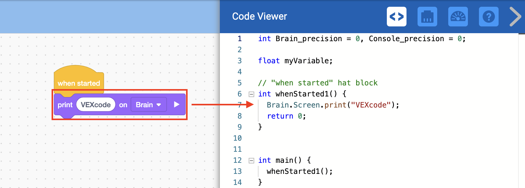 Kod Görüntüleyici menüsü açık ve projenin C++ versiyonunu gösteriyor. Print bloğuna karşılık gelen kod satırı vurgulanır ve komut Brain.Screen.print(VEXcode) olarak okunur.