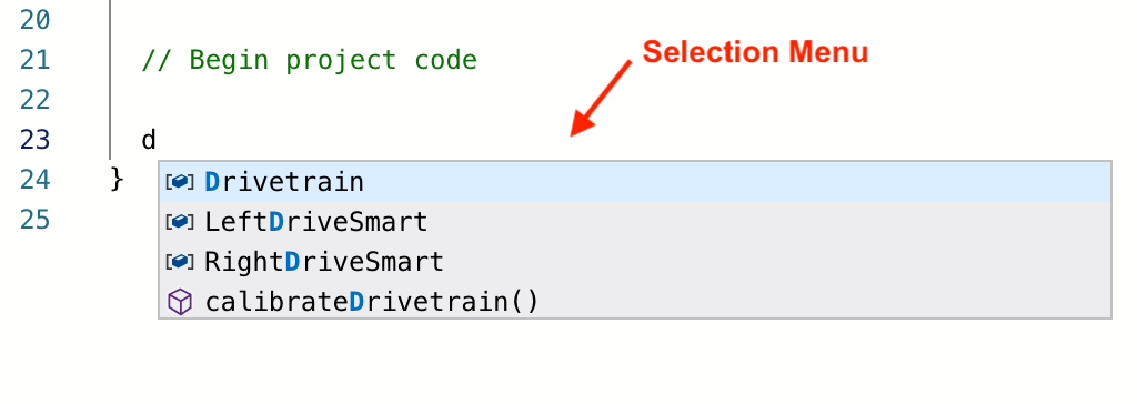 Area di lavoro VEXcode EXP C++ con un menu a discesa di comandi suggeriti. È stata digitata la lettera D e nel menu sono disponibili i comandi che iniziano con quella lettera.