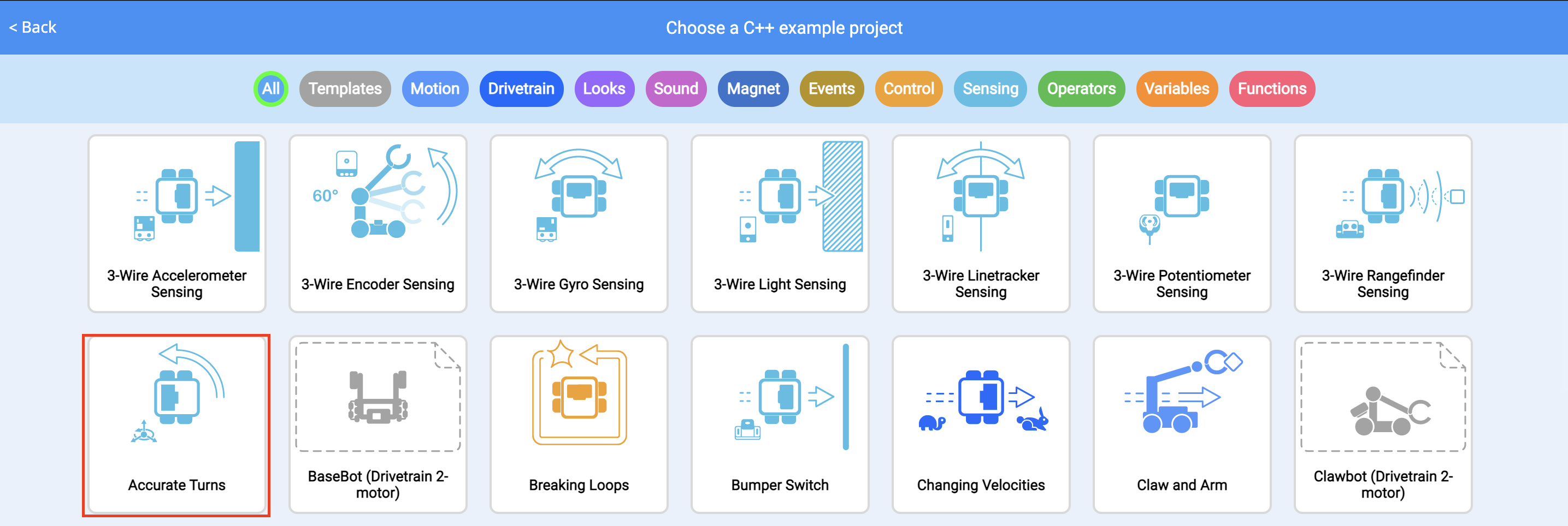 Nabídka VEXcode Example Projects se zvýrazněným ukázkovým projektem Accurate Turns.