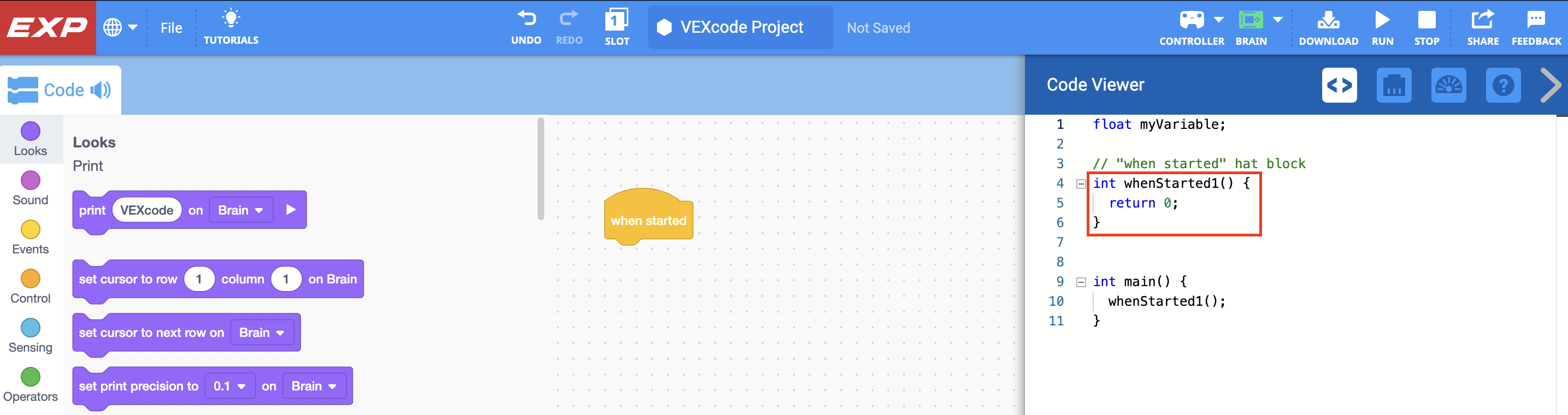 เมนู Code Viewer เปิดอยู่และแสดงเวอร์ชัน C++ ของโปรเจ็กต์ บรรทัดโค้ดที่สอดคล้องกับบล็อก Print จะหายไปแล้ว และมีเพียงโค้ดสำหรับบล็อก When started เท่านั้นที่ถูกไฮไลต์