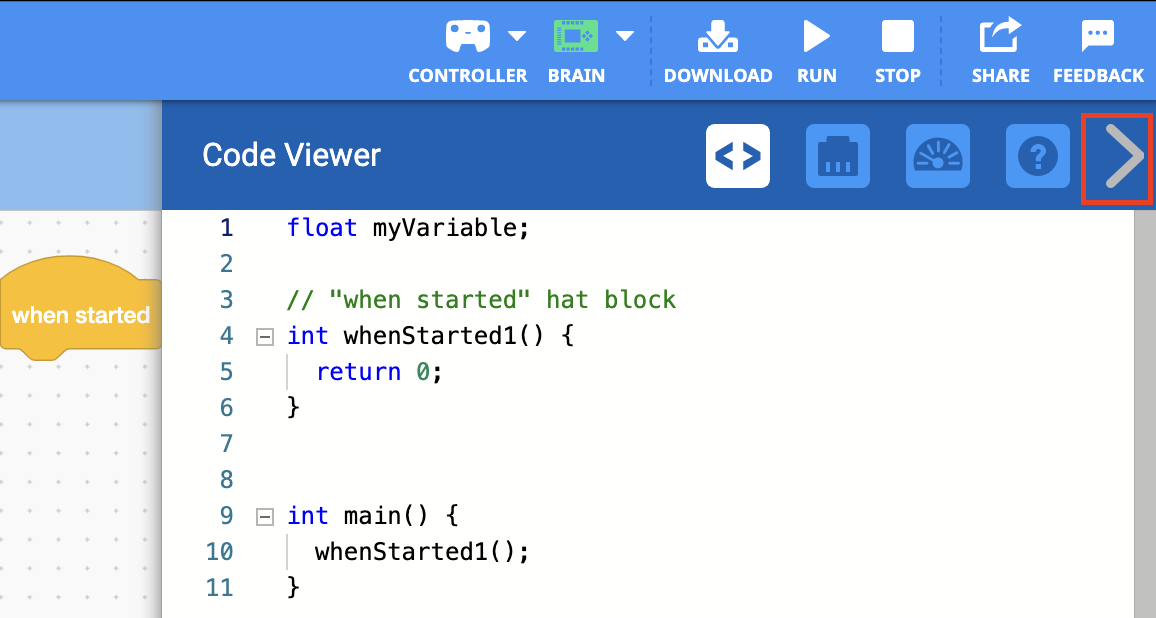 Menu Code Viewer có biểu tượng mũi tên phải được tô sáng trên Thanh công cụ. Có thể chọn biểu tượng này để đóng menu.