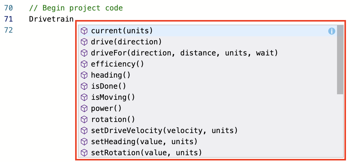 VEXcode EXP C++ -työtila, jossa on ehdotettujen komentojen alasvetovalikko. Voimansiirtolaite ja pisteoperaattori on kirjoitettu, ja laitteen komennot ovat käytettävissä valikossa.