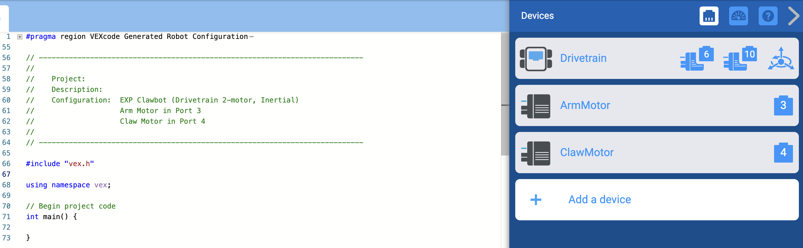 تم فتح VEXcode EXP مع مشروع مثال قالب، بما في ذلك الأجهزة التي تم تكوينها وتعليقات التعليمات البرمجية مع وصف للمشروع. يتم فتح قائمة الأجهزة على الجانب لإظهار أن الأجهزة مهيأة مسبقًا لمنافذ معينة.