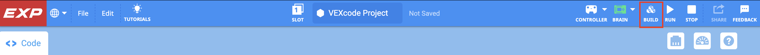 „VEXcode EXP“ įrankių juosta su paryškinta kūrimo piktograma tarp smegenų ir vykdymo piktogramų.