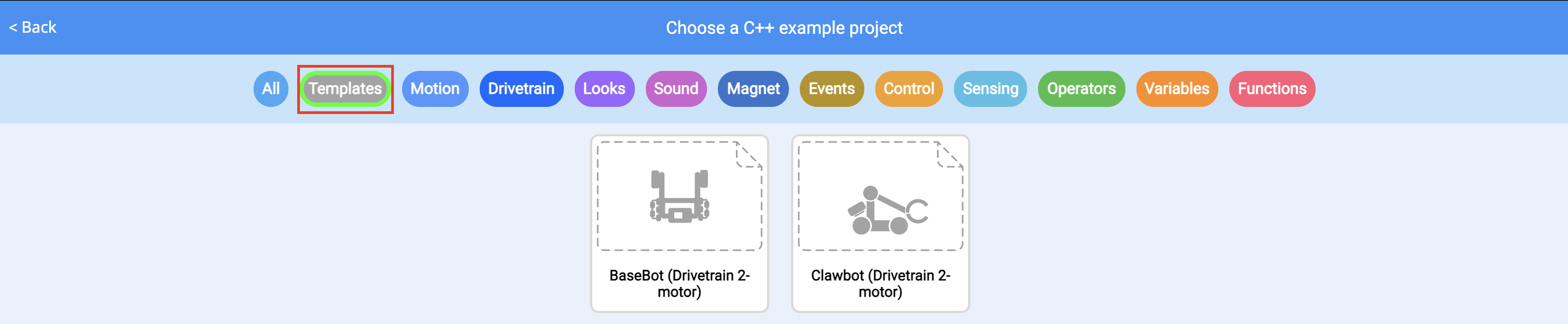 Menu « Projets d’exemple VEXcode » avec la catégorie « Modèles » mise en évidence dans la barre de filtre.