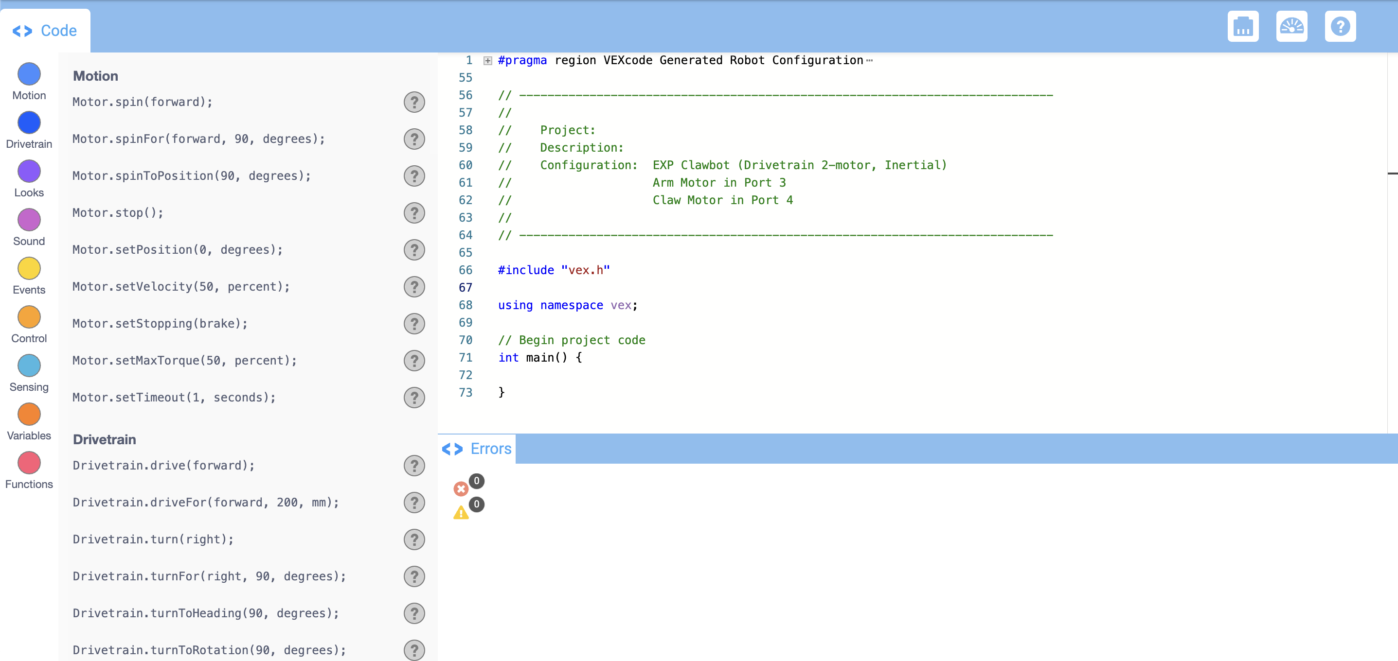 VEXcode EXP з відкритим прикладом проекту шаблону двигуна Clawbot Drivetrain 2, щоб забезпечити основу для нового проекту з використанням Clawbot.