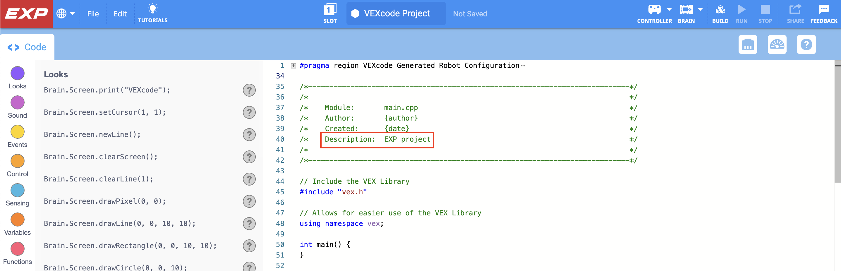 Naujas C++ projektas atidarytas VEXcode EXP. Aprašymo komentaras yra paryškintas, pagal numatytuosius nustatymus jis yra EXP projektas.