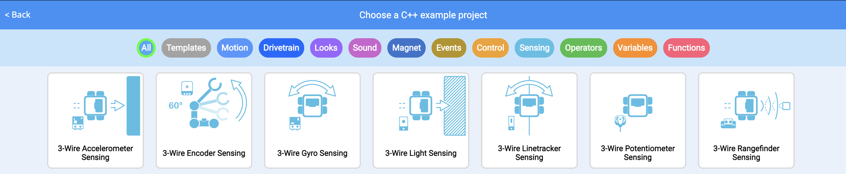 Menu de projetos de exemplo do VEXcode com uma variedade de projetos em diferentes categorias à sua escolha.