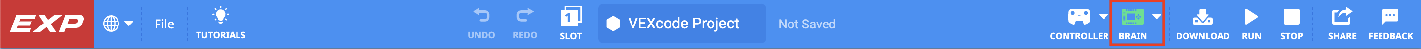 Panel nástrojů VEXcode EXP se zelenou ikonou Brainu, která je zvýrazněna mezi ikonami Controller a Download, což značí, že Brain je připojen.