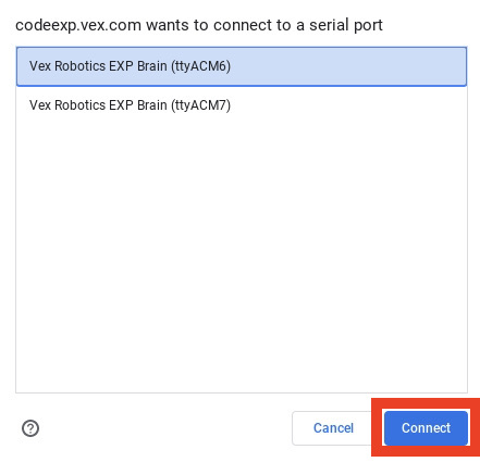 Jendela koneksi browser, dengan item dengan nomor ID ACM6 dipilih dan disorot. Di bawah, tombol Hubungkan disorot.