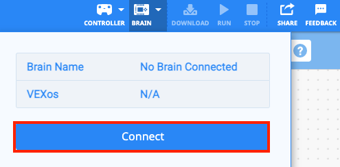 VEXcode EXP với menu thả xuống Brain được mở và nút Connect được tô sáng.