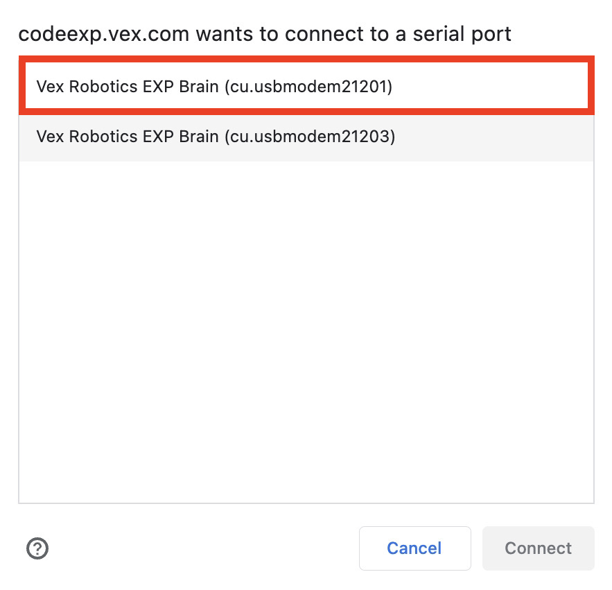 브라우저 연결 창에는 VEX Robotics EXP Brain이라는 제목의 항목이 두 개 있습니다. 한 품목의 ID 번호는 21201이고 다른 품목의 ID 번호는 21203입니다. ID 번호가 21201인 품목이 강조 표시됩니다.