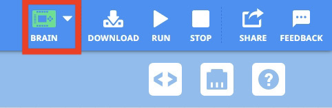 VEXcode EXP Toolbar mit hervorgehobenem grünen Gehirn-Symbol, was darauf hinweist, dass das Gehirn verbunden ist.