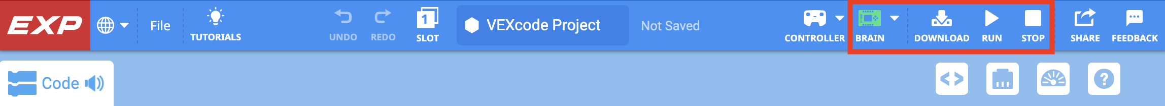 Barre d'outils VEXcode EXP avec une icône de cerveau verte mise en évidence dans un cadre rouge contenant les icônes adjacentes Télécharger, Exécuter et Arrêter. Les icônes Télécharger, Exécuter et Arrêter sont de couleur blanche, ce qui indique qu'elles sont disponibles.