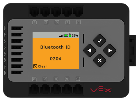 Auf dem Bildschirm wird ein orangefarbener Hintergrund und der Text „Bluetooth ID 0204“ angezeigt. Unten befindet sich ein Symbol, das anzeigt, dass die Schaltfläche „X“ gedrückt werden kann, um diese Meldung zu löschen.