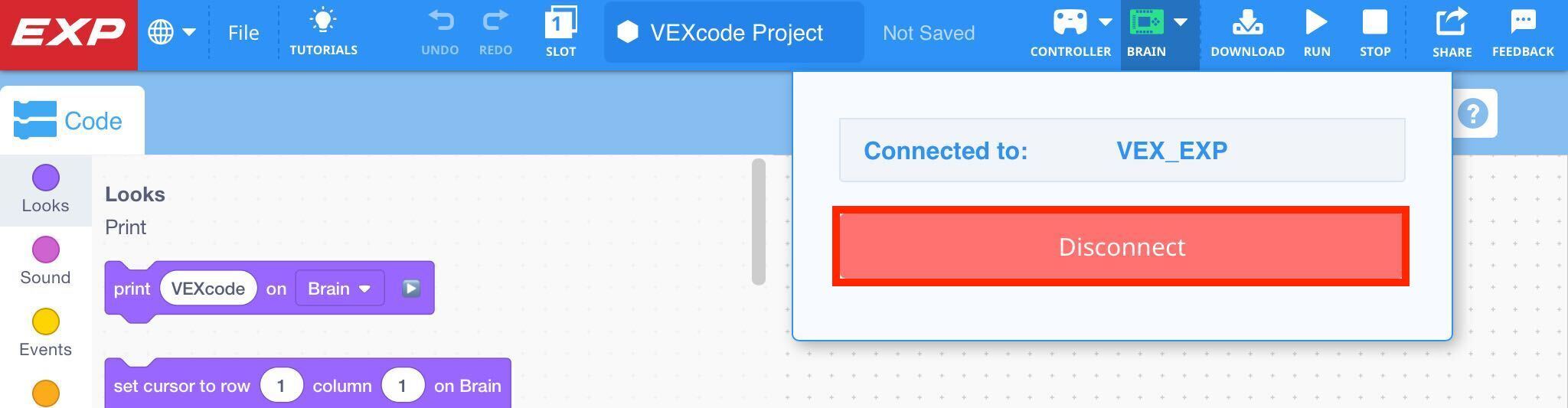 VEXcode EXP, jossa Brain-pudotusvalikko on auki. Valikossa näkyy yhdistetty aivokuvake ja Katkaise yhteys -painike on korostettuna.
