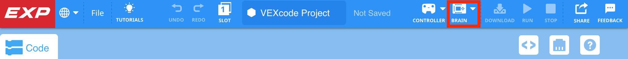 VEXcode EXP avec l'icône Cerveau sur la barre d'outils mise en évidence entre les icônes Contrôleur et Téléchargement.