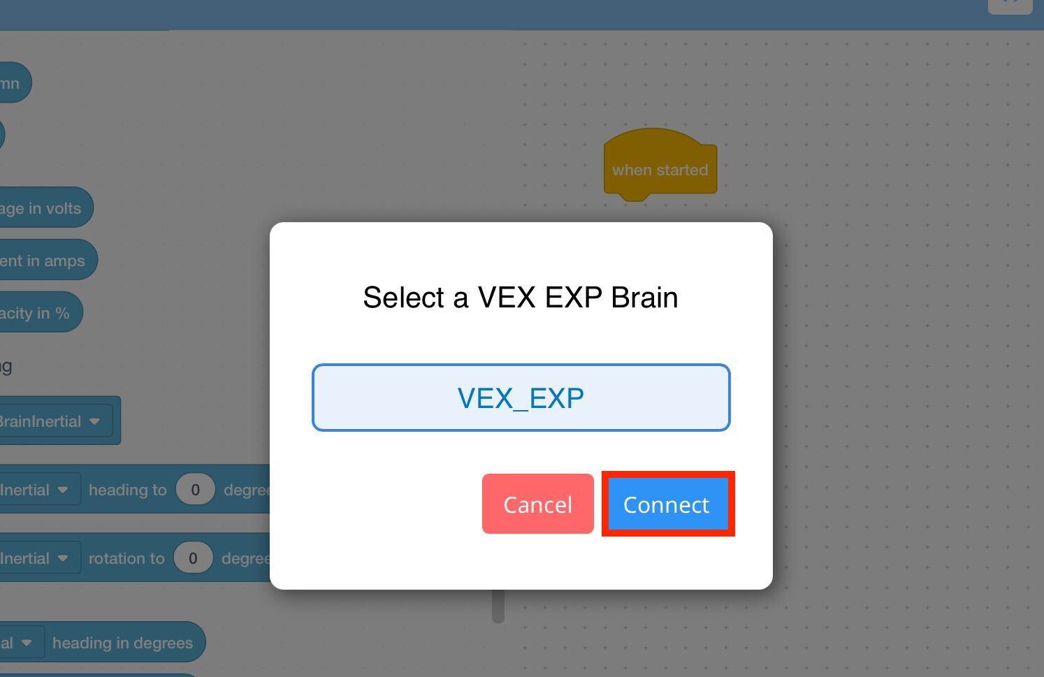 VEXcode EXP Sélectionnez une invite VEX EXP Brain qui contient une liste de EXP Brains auxquels se connecter. Le cerveau a été sélectionné et le bouton « Connecter » ci-dessous est mis en surbrillance.