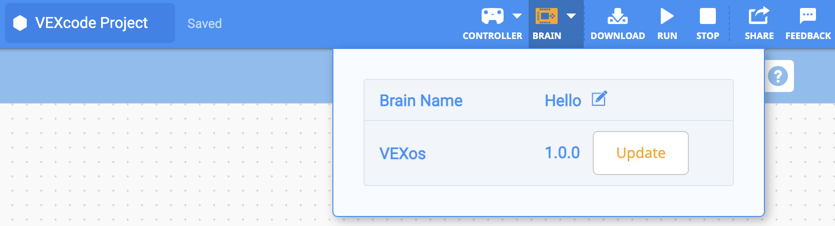 „VEXcode EXP“ su oranžine „Brain“ piktograma įrankių juostoje, rodančia, kad „Brain“ programinė įranga yra pasenusi. Atidarytas išskleidžiamasis meniu „Smegenys“ ir šalia „VEXos“ versijos yra mygtukas „Atnaujinti“.