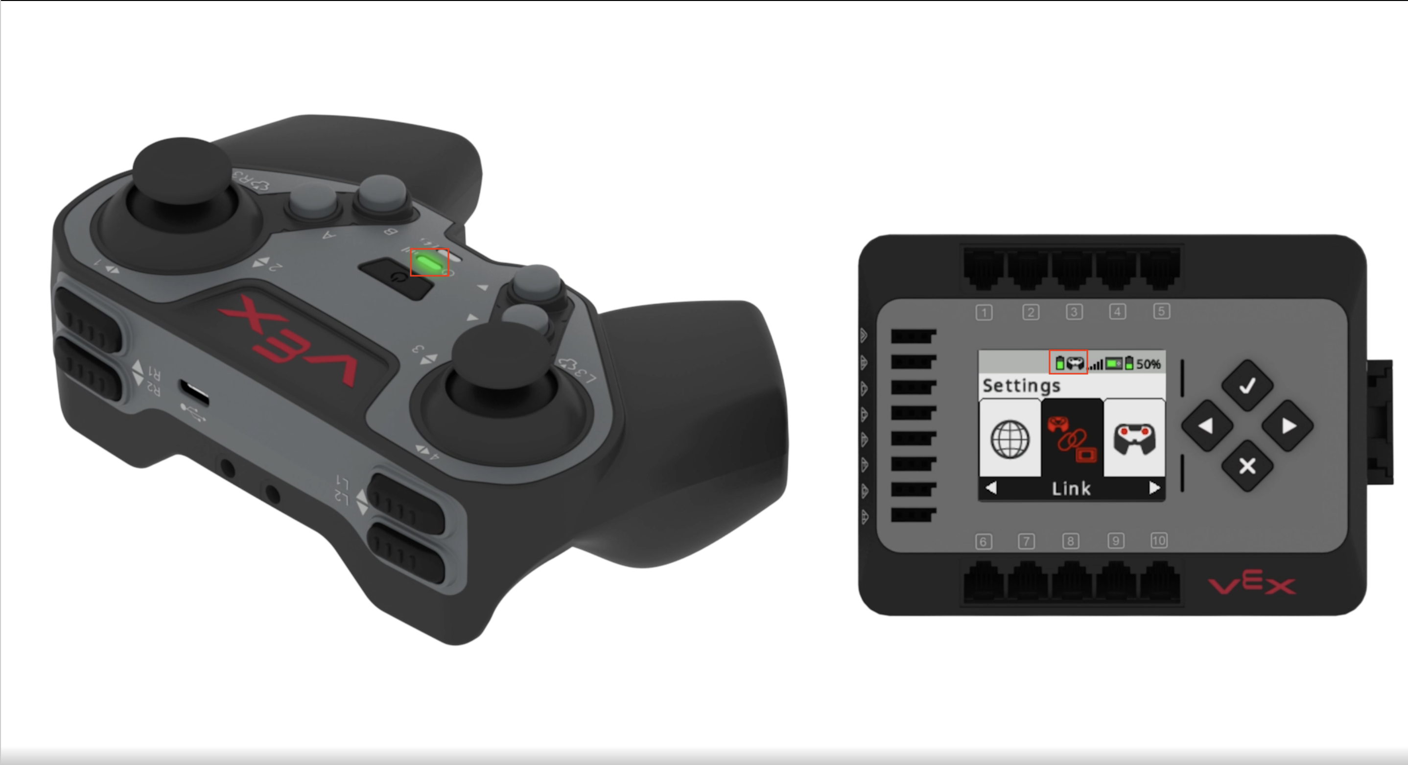 Das Gehirn wird neben dem Controller angezeigt, wobei das Controller-Verbindungssymbol auf dem Bildschirm des Gehirns hervorgehoben ist, um anzuzeigen, dass sie gekoppelt sind.