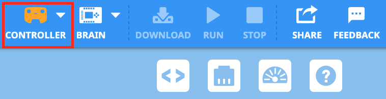 Barra de herramientas EXP de VEXcode con un icono de controlador naranja que se resalta a la izquierda del icono de cerebro.
