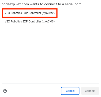 Browserverbindingsvenster met twee items met de titel VEX Robotics EXP Controller. Het ene item heeft ID-nummer ACM2 en het andere heeft ID-nummer ACM3. Het item met de ID ACM2 is gemarkeerd.