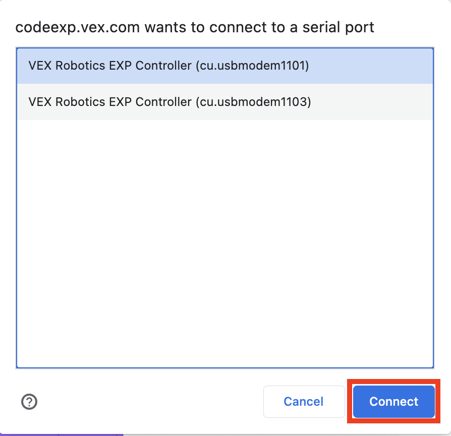 Browserverbindingsvenster, met het item met ID-nummer 1101 geselecteerd. Hieronder is de knop Verbinden gemarkeerd.