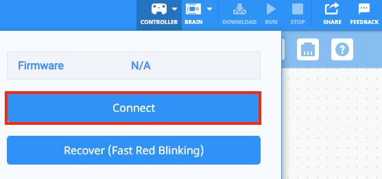 VEXcode EXP s otevřenou rozbalovací nabídkou Controller a zvýrazněným tlačítkem Connect.