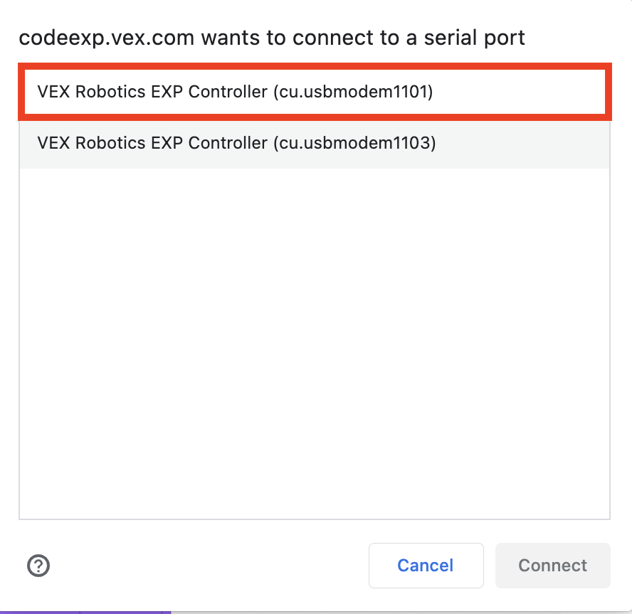 Fenêtre de connexion du navigateur, avec deux éléments intitulés VEX Robotics EXP Controller. L'un des articles porte le numéro d'identification 1101 et l'autre le numéro 1103. L'élément portant l'identifiant 1101 est mis en surbrillance.