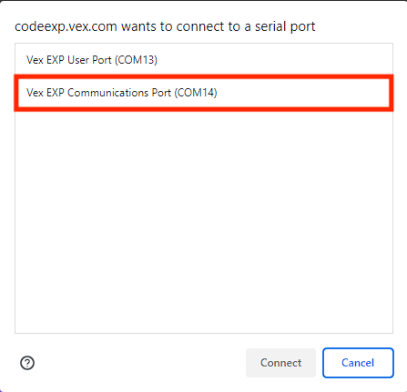 Janela de ligação do browser com dois itens listados. O primeiro item indica "Porta de Utilizador VEX EXP" e o segundo indica "Porta de Comunicações VEX EXP". O item intitulado "Porta de Comunicação VEX EXP" está destacado.