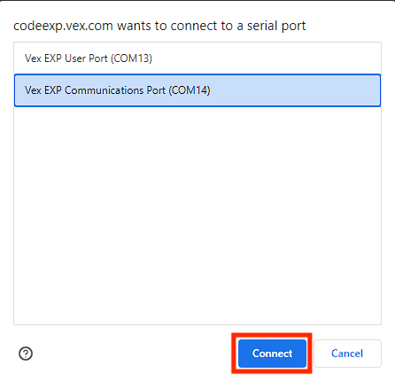 Janela de ligação do browser com o item "Porta de comunicação VEX EXP" selecionado. O botão Ligar abaixo está destacado.